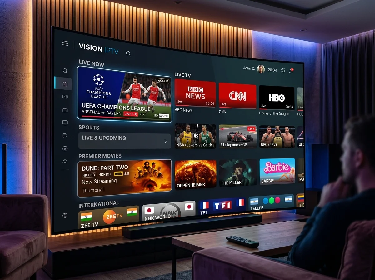 IPTV dashboard displaying content categories